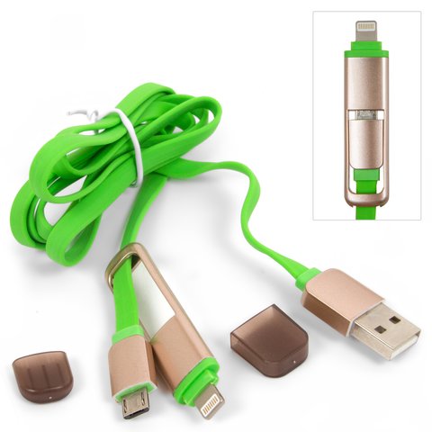 USB кабель, USB тип A, micro USB тип B, Lightning, зеленый