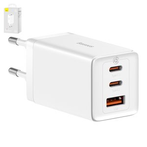Мережевий зарядний пристрій Baseus GaN5 Pro, 65 Вт, Quick Charge, білий, з кабелем USB тип C до USB тип C, 3 порта, #CCGP120202