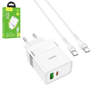 Мережевий зарядний пристрій Hoco N21, 30 Вт, Power Delivery PD , білий, з кабелем USB тип C до USB тип C, 2 порта, #6931474757791