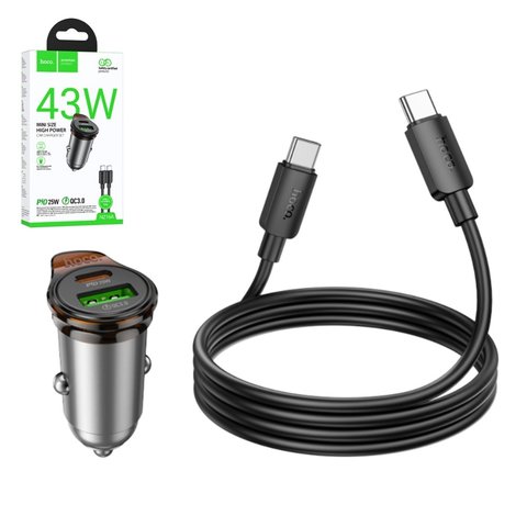 Автомобильное зарядное устройство Hoco NZ16A, черное, Power Delivery PD , c кабелем USB тип C к USB тип C, 43 Вт, 2 порта, 12 24 B, #6942007644761