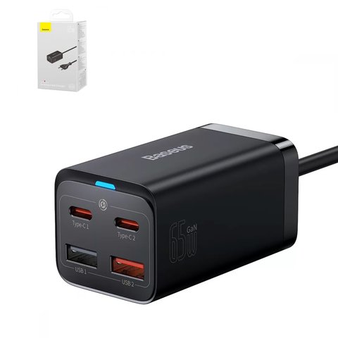 Сетевое зарядное устройство Baseus GaN3 Pro, Fast Charge, черное, USB тип C, USB тип A, c кабелем USB тип C к USB тип C, 65 Вт, 3 порта, #CCGP050101