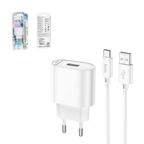 Мережевий зарядний пристрій Hoco C109A, 18 Вт, Quick Charge, 220 В, білий, з USB кабелем тип C, 1 порт, #6931474784834
